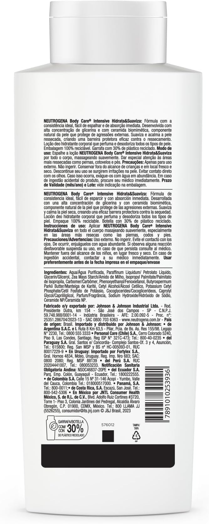 Verso de frasco branco de loção hidratante com informações de uso e ingredientes