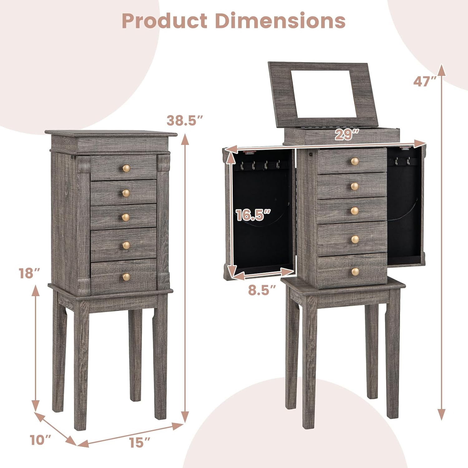 Giantex Jewelry Cabinet Armoire with 5 Drawers, 2 Side Doors with 8 Necklace Hooks, Top Flip Mirror, 4-Compartments Organizer, Standing Wood Jewelry Storage Chest, Antique, Washed Gray