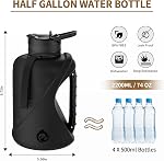 Bouteille d'eau demi Gallon avec 2-In-1 Couvercle de paille, Lave-vaisselle sans danger, Facile à nettoyer, Bouteille d'eau en plastique sans BPA, Poignée antidérapante solide durable pour le gym, le travail et le sport extérieur