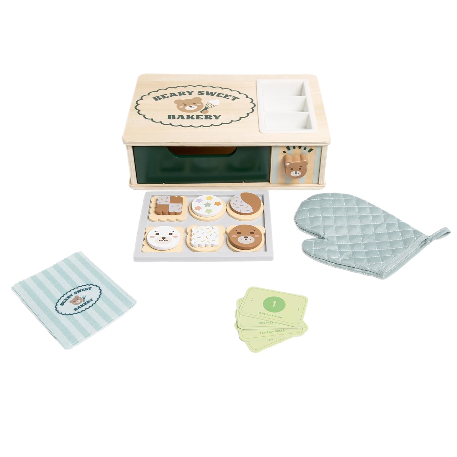 Pearhead Wooden Bakery Montessori Pretend Play Toy Set, 25-Piece Play Food Toy Oven and Cookie Baking Set Developmental Learning Toys, Kitchen Playset for Toddlers Girls and Boys Ages 3+ Years