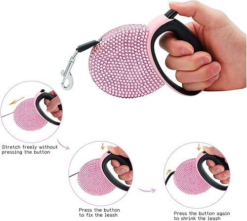 Miniatura 3 de Correa retráctil para perro con diamantes de imitación rosa de 10 pies, correa brillante para mascotas y gatos para razas pequeñas, correa de