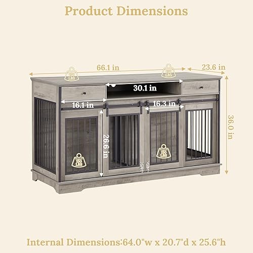 Miniatura 7 de Rovibek Muebles de jaula doble para perros de 66 pulgadas, jaula decorativa 2 en 1 para 2 perros con cajón y divisor extraíble, mesa auxiliar para