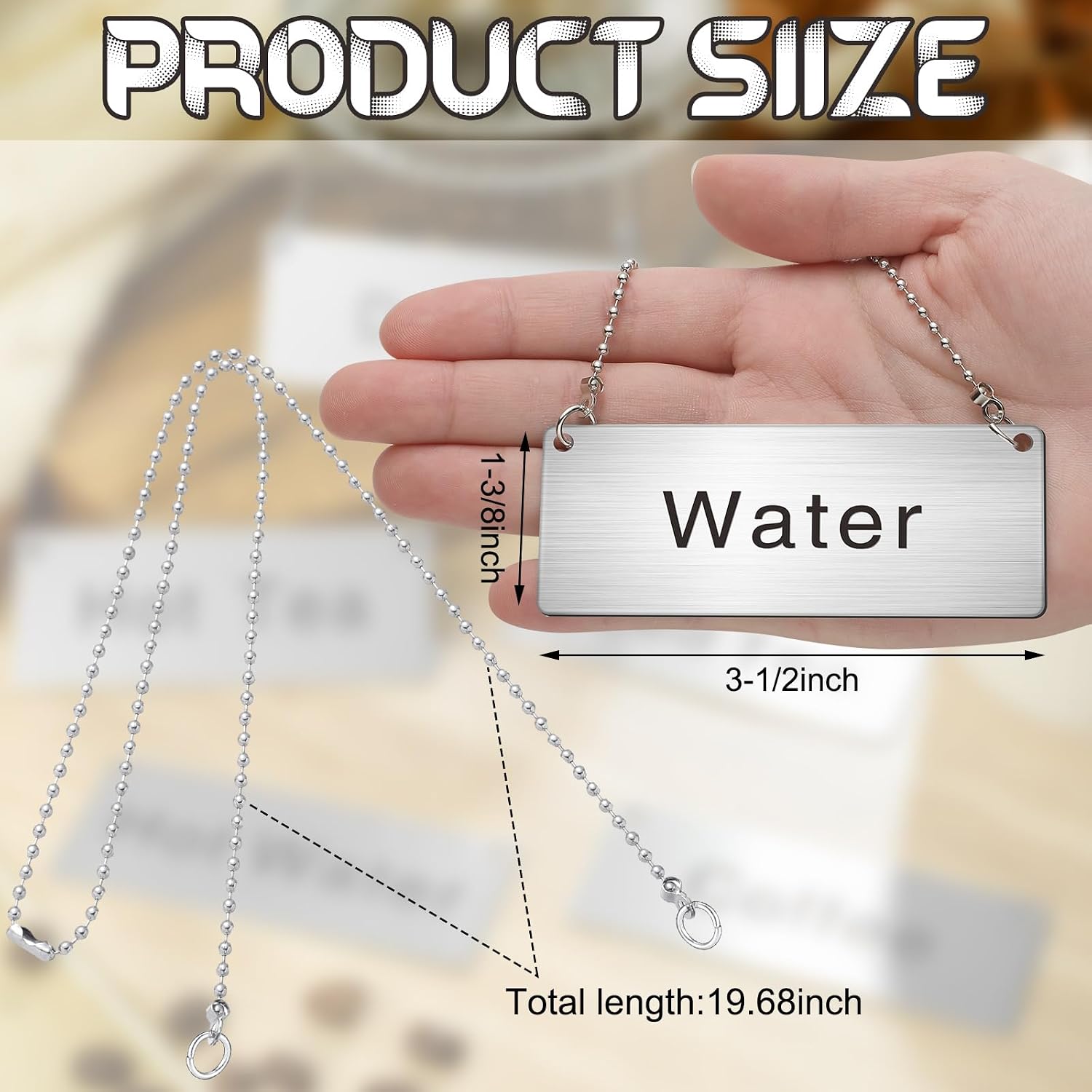 Hicarer 5 Pcs Stainless Steel Chain Signs 3-1/2 x 1-3/8 Beverage Table Display Hanging Chain Sign(Coffee, Lemonade, Sweet Tea, Unsweet Tea, Water)