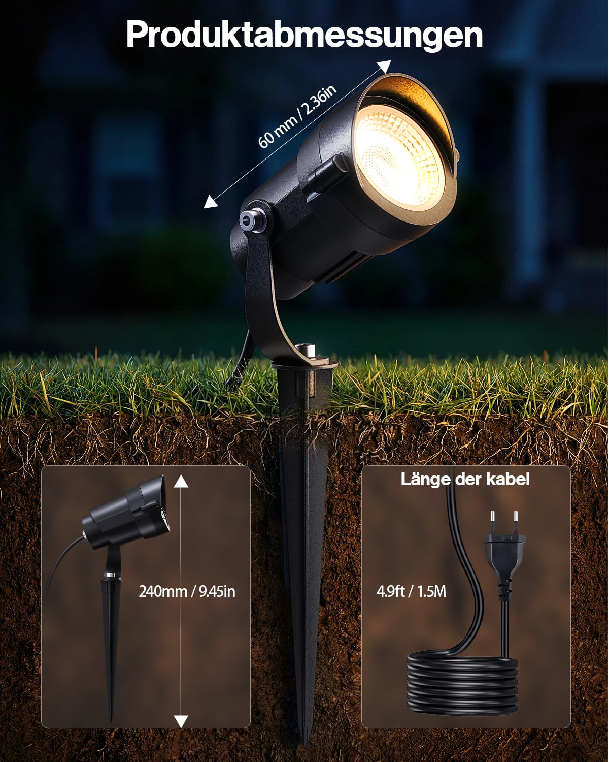 HIBOITEC 7W Gartenlampe für Draußen Strom, 4 Stück 2700K Warmweiß Gartenbeleuchtung mit Erdspieß 1,5 m Stecker, IP65 Wasserdichte Led Gartenstrahler für Hof, Gehweg, Garten, Terrasse, Wegen