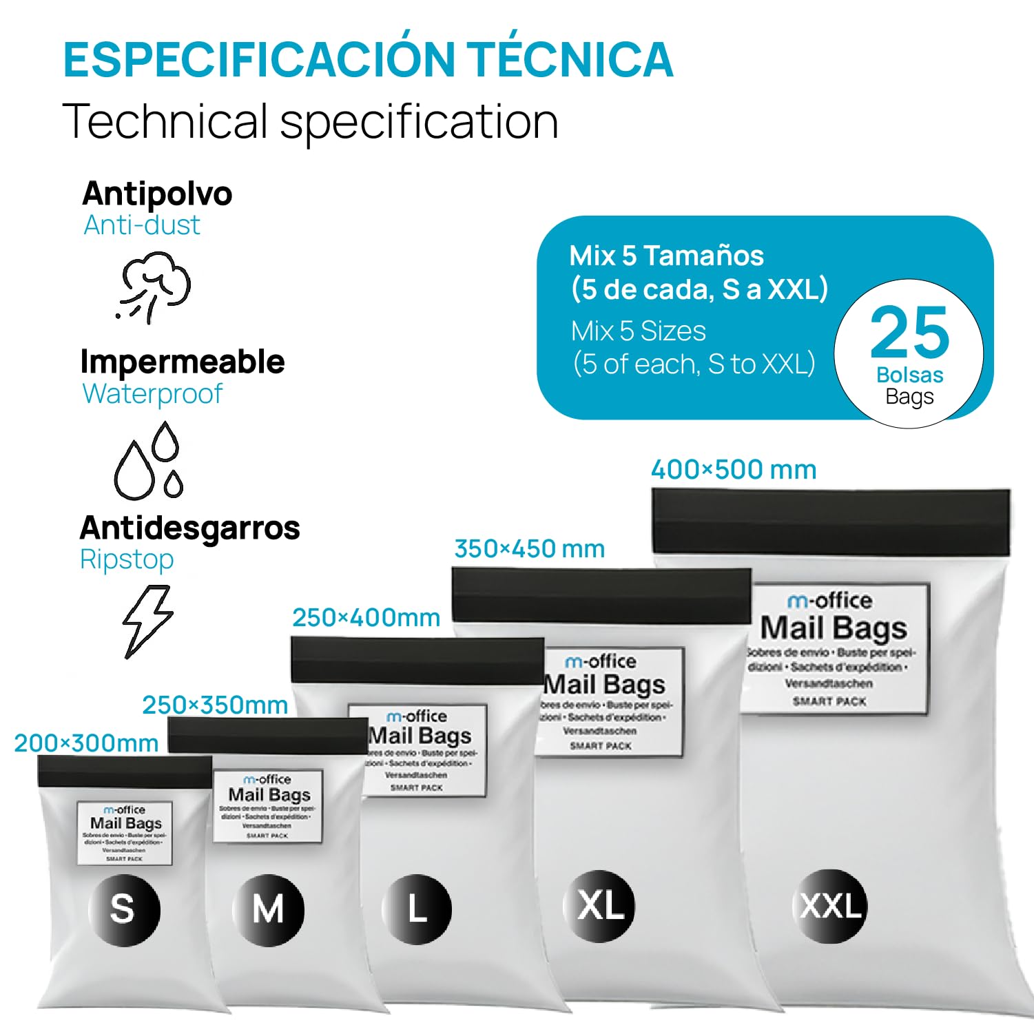 M-office Buste Spedizione Adesive 25 pz Mix 5 Taglie (S a XXL) Buste Spedizione Impermeabili Autoadesive Resistenti per Abbigliamento, Pacchi e Negozi Online – Riciclabili con Chiusura Forte