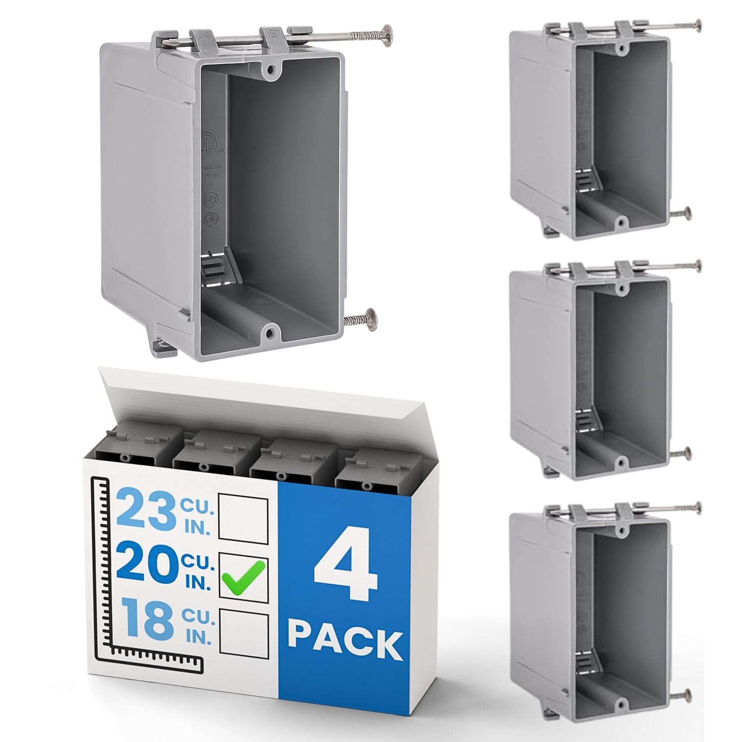 OHLECTRIC 1-Gang New Work Outlet Box, 20 Cubic Inch (4-Pack) Single Gang PVC Electrical Box Captive Nail Mounting, Non-Metallic PPO/PVC Plastic Construction Boxes GFCI Outlets Dimmers, UL/ETL Listed
