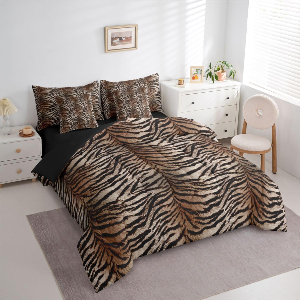 Erosebridal Tiger Printed Queen Comforter Set (Gradient Dark Yellow) for Kids Teens Adults | Wild Animal Print Safari Tiger Print 7-Piece Bedding Set Simulated Animal Fur Printed Quilt Duvet Sets