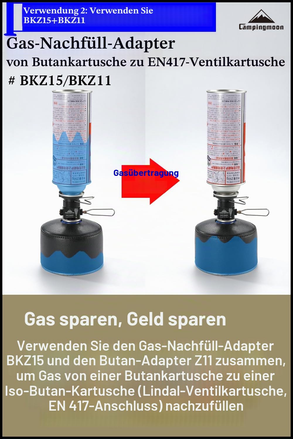 CAMPINGMOON Gaskanister Nachfülladapter Butan auf Isobutan Transfer Adapter Schwarz BKZ15/BKZ11