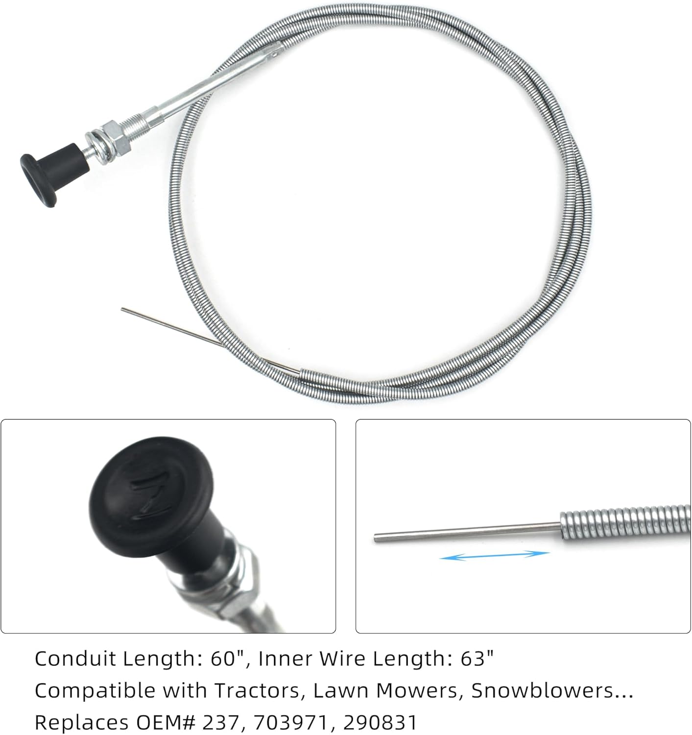 237 Rotary Universal Choke Cable, 63″ Inner and 60″ Conduit (2-3/4″ Travel), Push Pull Control Cable with Outer Shealth for Mowers, Tractors and Utility Equipment
