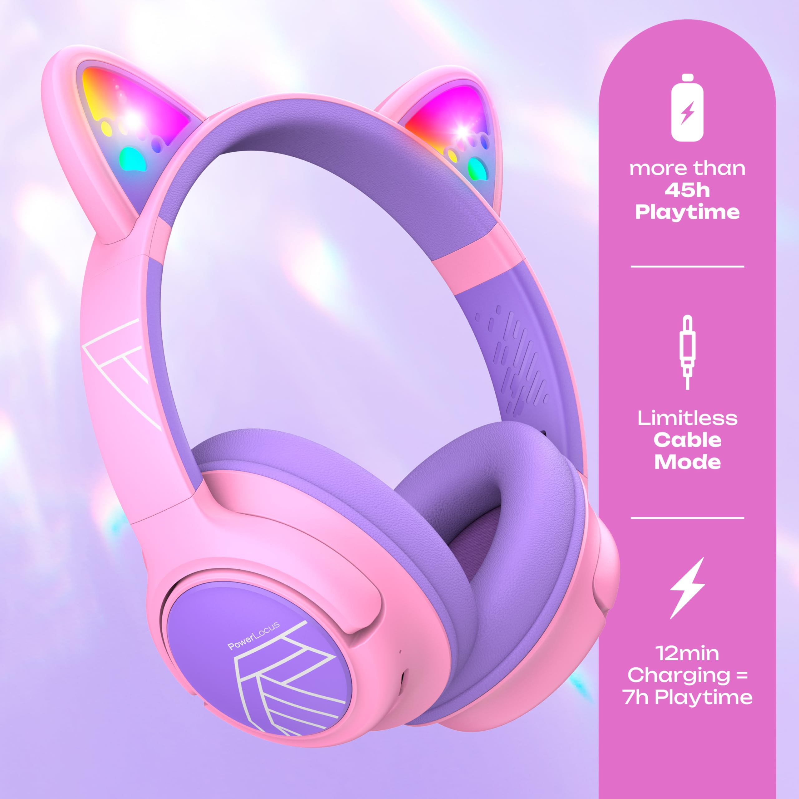 PowerLocus Kids Wireless Headphones, Cat Ear LED Lights, 74/85/94dB Volume Limited, Kids Bluetooth Headphones Over Ear - Image 2