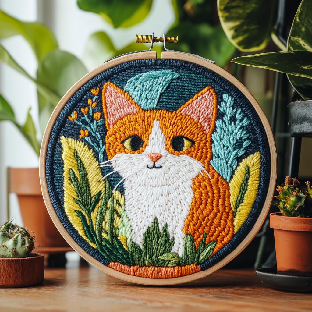 DIY Punch Needle Kits Cat and Plants Easy for Beginners Punch Needle Embroidery Set with Hoop Stamped Pattern for Craft Lovers and Home Decor-3