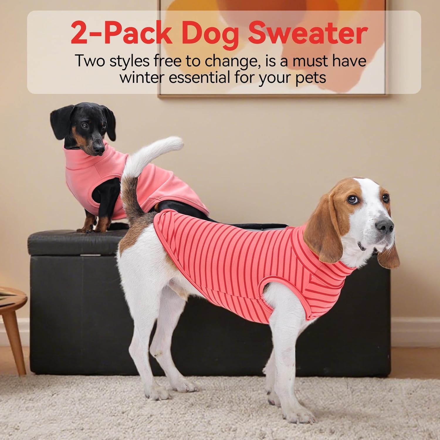 2 Pack Dog Sweater, Turtleneck Sleeveless Fleece Vest for Large Dogs, Stripe Shirt with Leash Hole, Stretchy Dogs Clothes, Lightweight Soft Pet Sweatshirt, Pink, XL