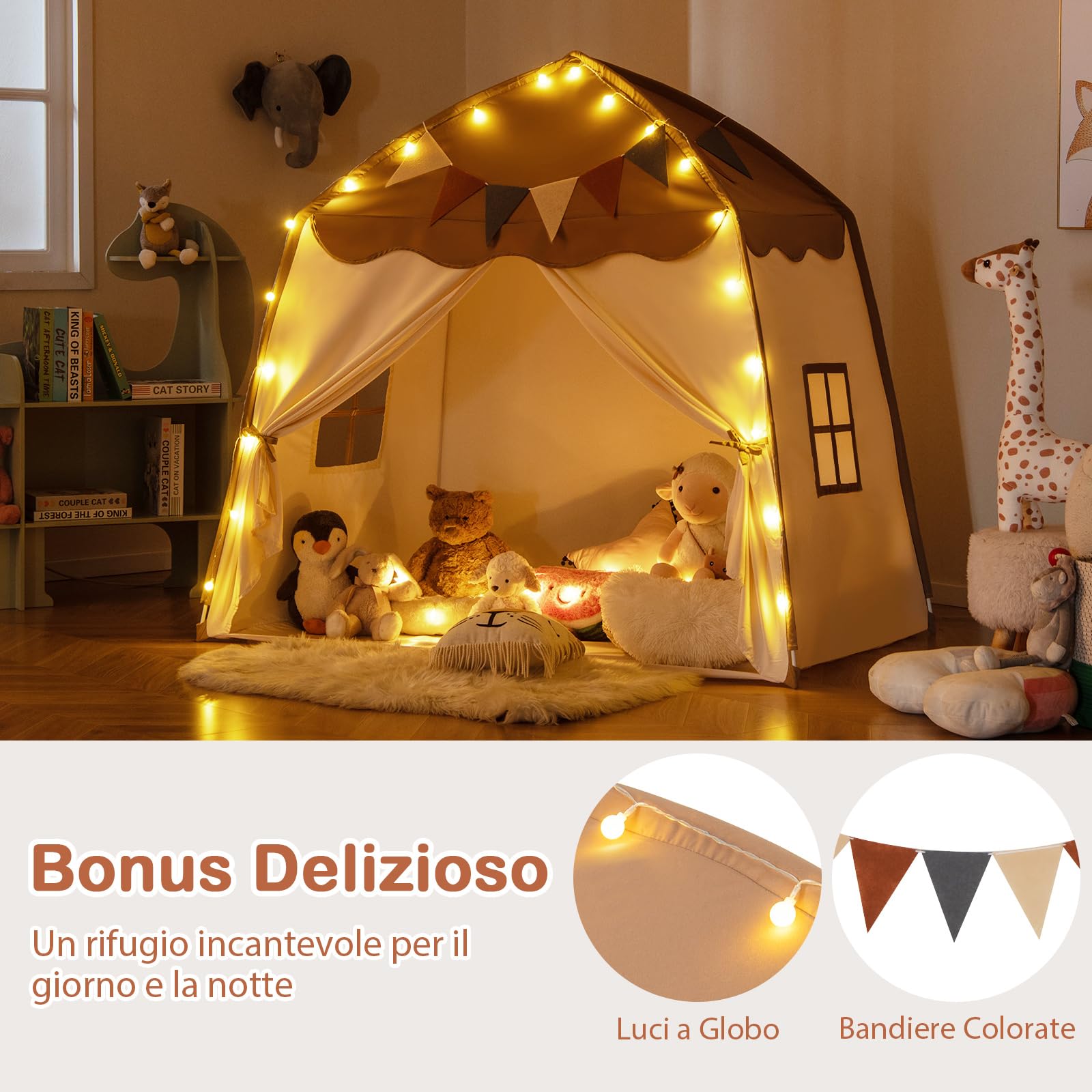 RELAX4LIFE Tenda da Gioco per Bambini fino a 3 Bambini, Tenda Multifunzionale con Luci da 4 m, Bandierine e 2 Finestre Laterali, Tenda Stabile per Giocare e Riposare, 3+Anni (MARRONE)
