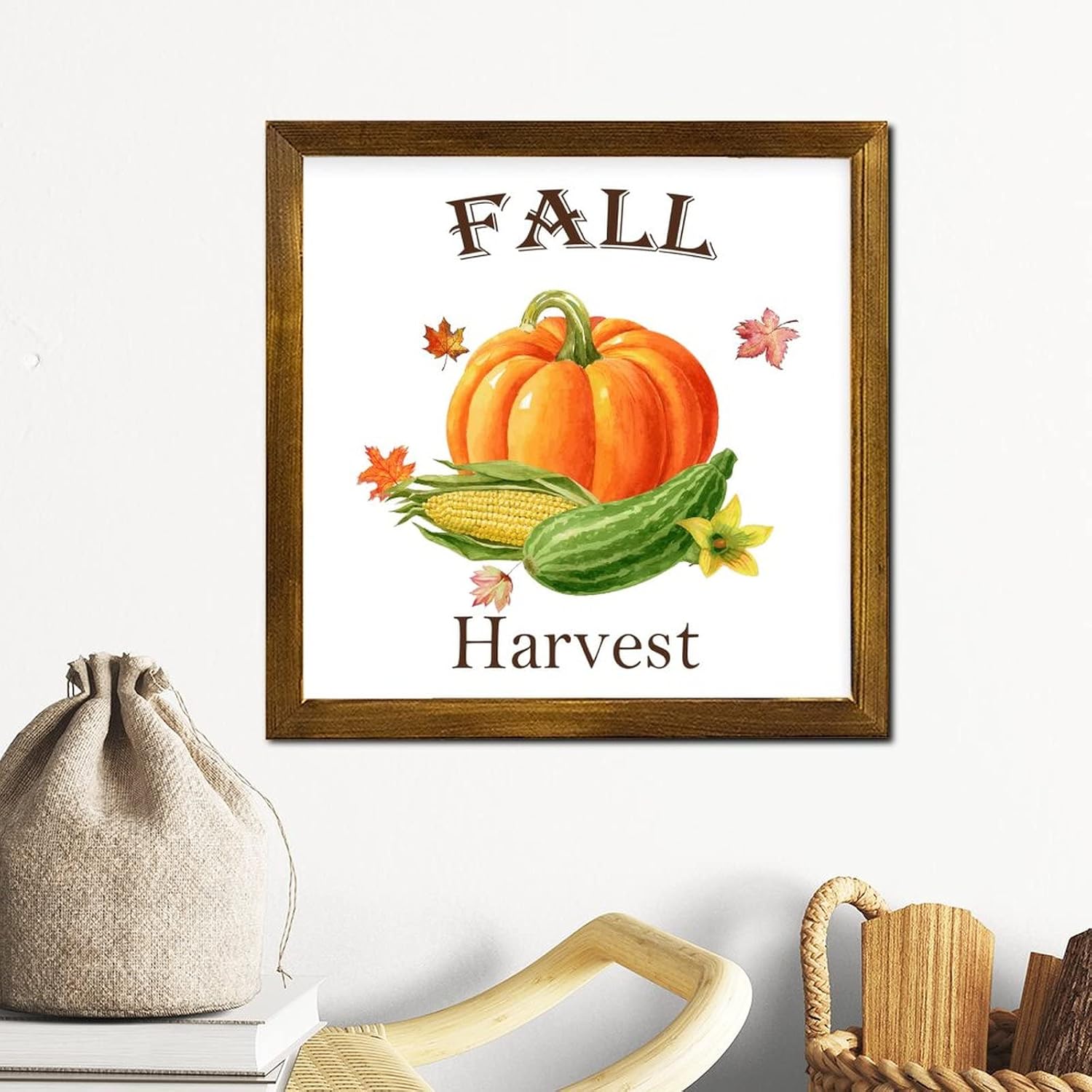 Fall Harvest Framed Wood Sign Pumpkin Flower Maple Leaves Wood Plaque Sign Classic Harvest Thanksgiving Wall Decor Farmhouse Rustic Wooden for Indoor Holiday Home Classroom Office 12x12 inch