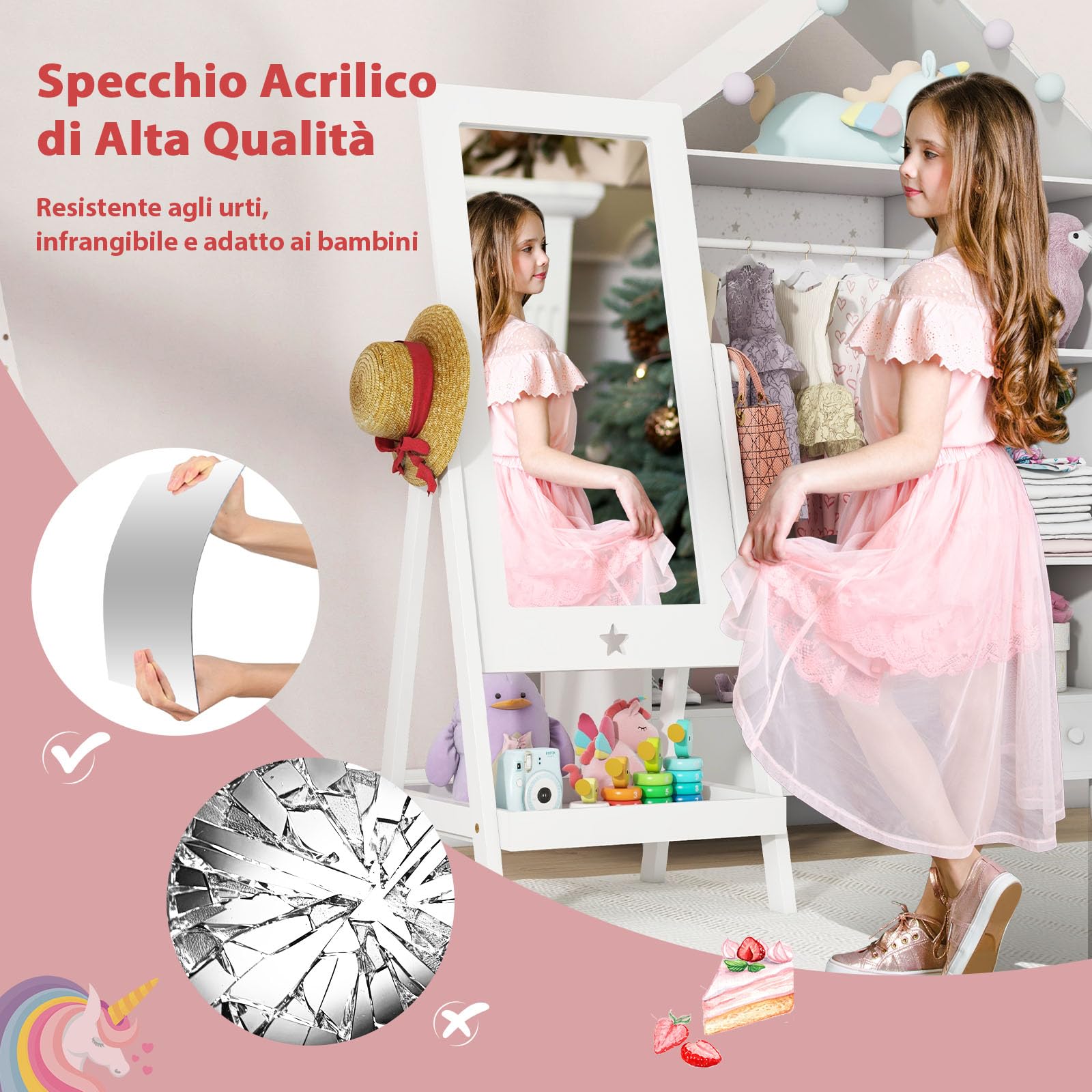 RELAX4LIFE Specchio da Terra Girevole a 360° per Bambini, con Mensola Portaoggetti, Cesto Ripiegabile, 45 x 40 x 112 cm, Bianco