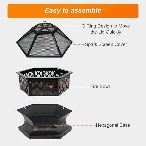 Miniatura 5 de F2C Fogata hexagonal de 24 pulgadas con recogedor de fuego, hoguera de leña al aire libre, hoguera de acero con tapa de pantalla de chispas y póker