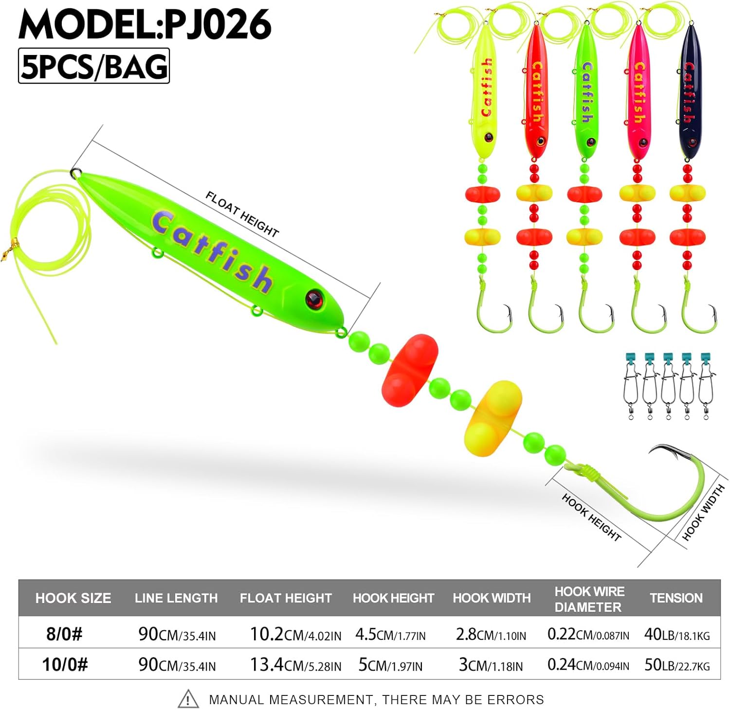 PROBEROS Catfish Fishing Rigs - Bank Fishing Set with 5pcs/Set, 6/0, 8/0, 10/0 Circle Hooks Circle Hooks, High Visibility, Ready to Use Catfish Rigs
