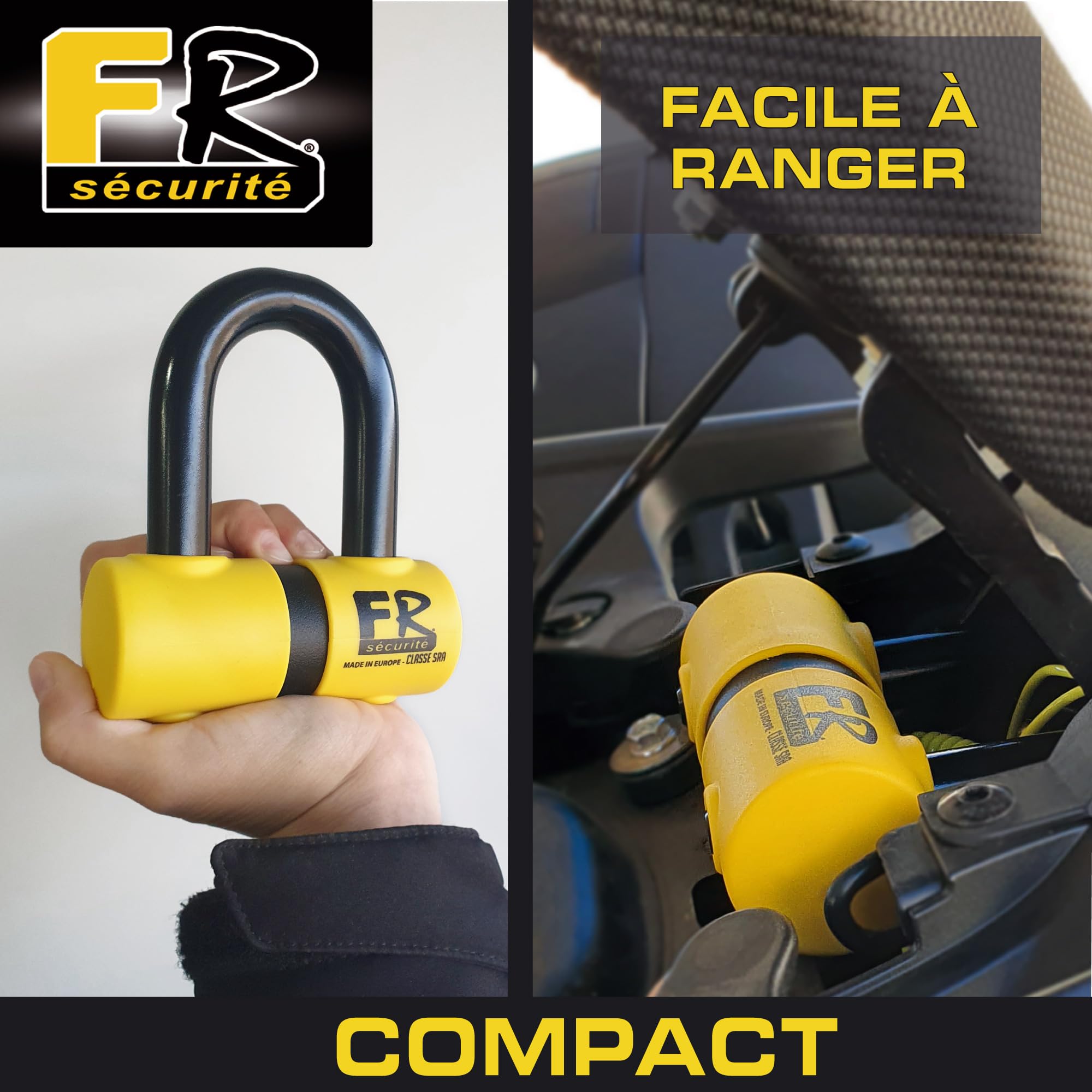FR SECURITE FR50 Antivol Moto Homologué SRA, Bloque Disque Mini U ø18mm en Acier Cémenté, Testé contre Sciage Coupe-Boulons, Bloc Disque Double Verrouillage, Serrure Haute Sécurité Anti-Crochetage
