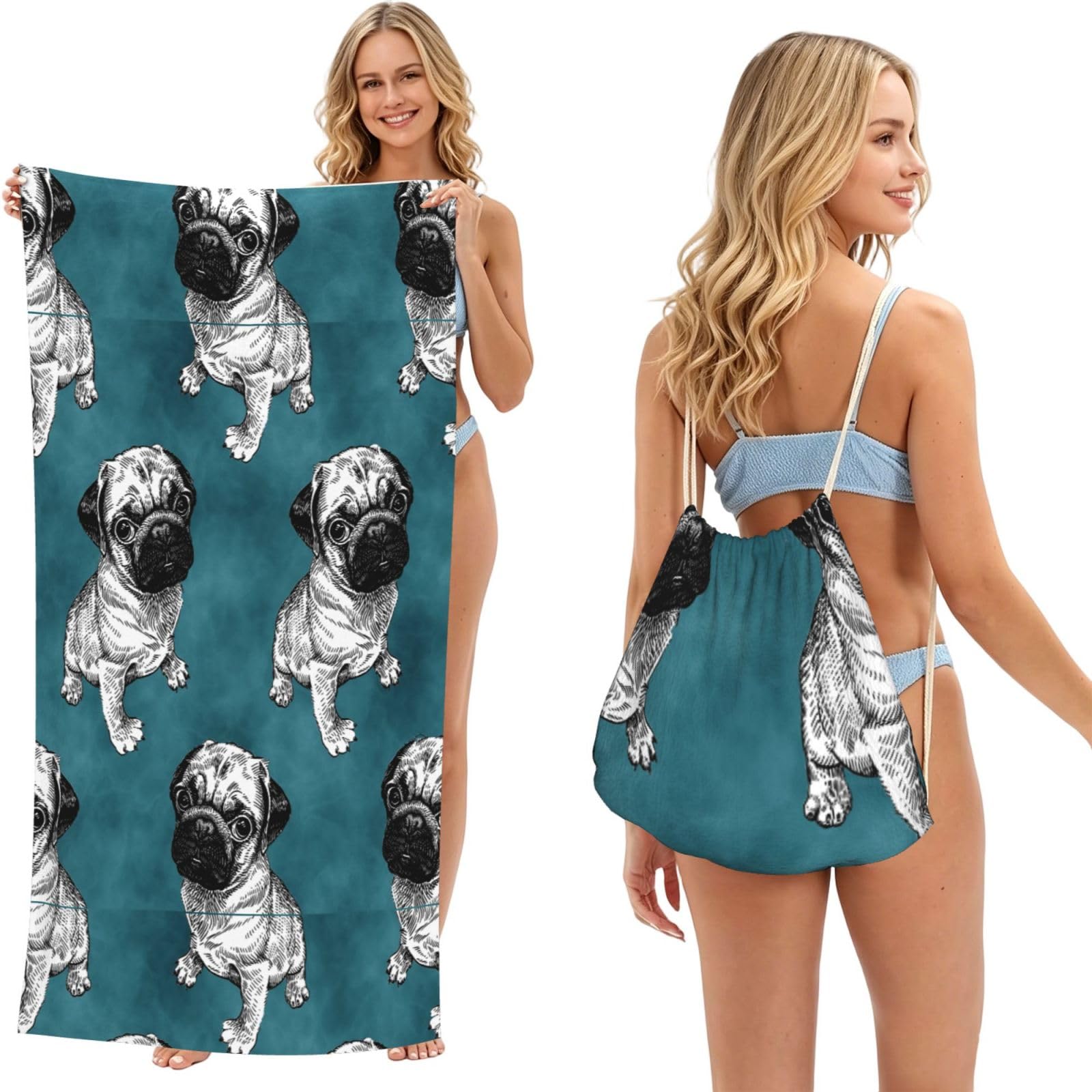 Poadnly As Picture Pug Dark Teal, 2 In 1 Packable Towel Bag, Beach Towels With Drawstring Backpack For Travel Holiday Camping