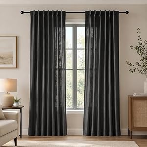 Deconovo Linen-Blend Semi-Sheer Curtains 2 Panels, Hidden Tab and Rod Pocket Light Filtering Privacy Drapes with Tie-Backs for Living Room Bedroom Dining Room, 50W x 63L, Black