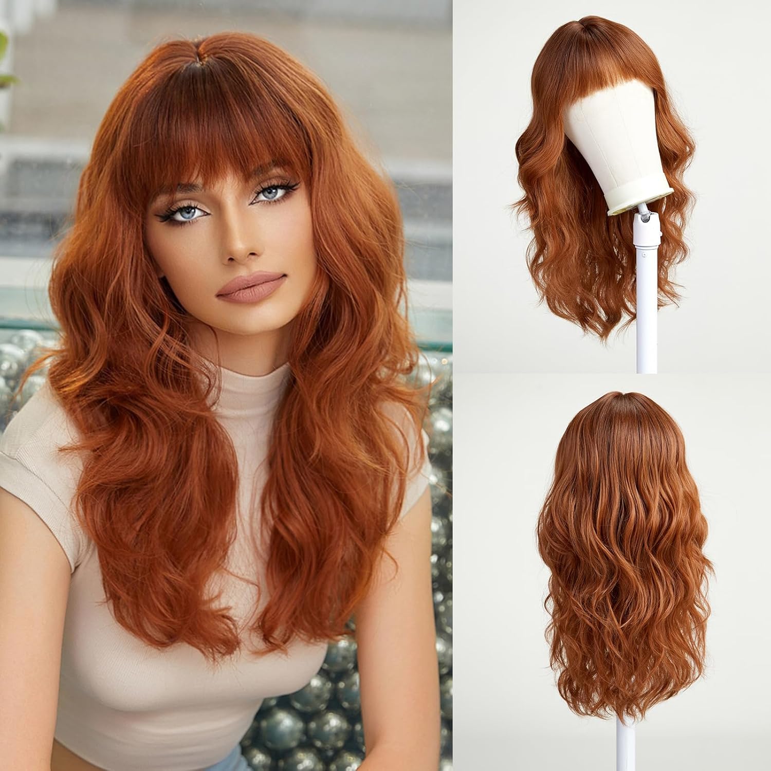 Long Wavy Curly Wine Auburn Human Hair Wigs with Bangs for Women Heat Resistant Natural Look Lightweight Daily Party Cosplay (Wine Auburn,22 Inch)