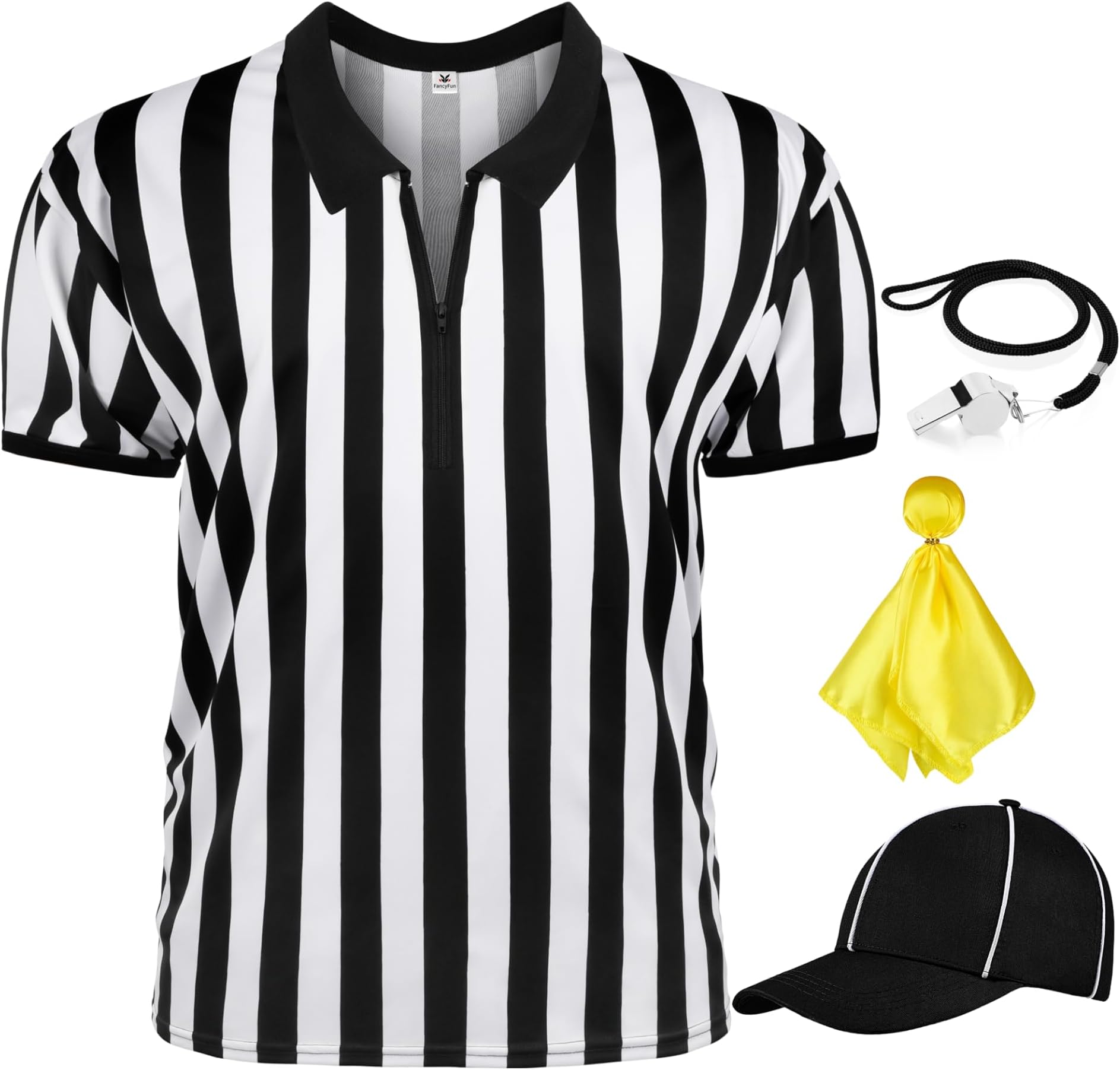 4 Pcs Referee Shirt, Ref Shirt Zipper Collar Referee Costume Men Women Ref Whistle Hat Penalty Flag for Football Soccer