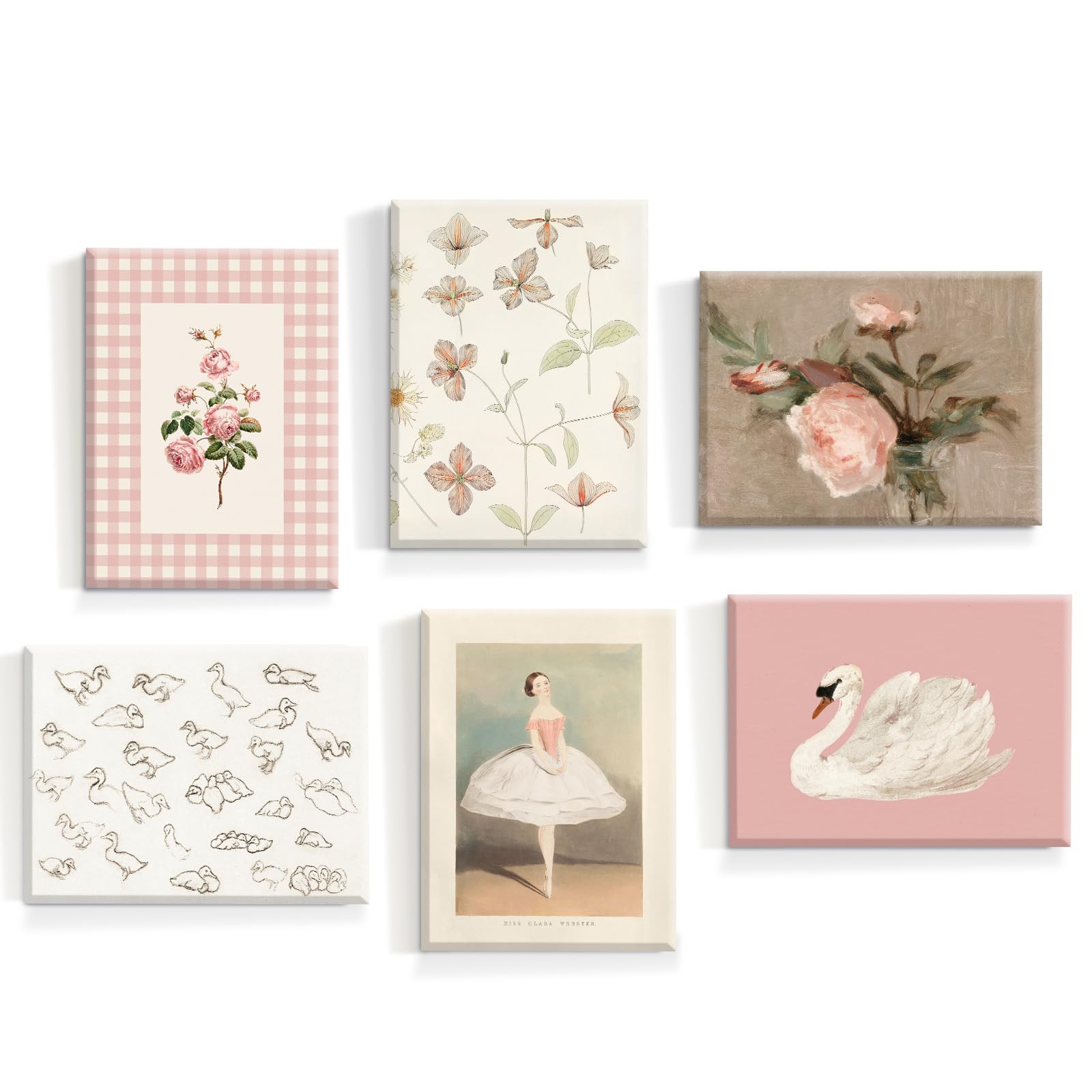 Nursery Pink Wall Art Decor Baby Girl Canvas Wall Art Vintage Floral Prints Kids Room Wall Decor Preppy Flower Poster Antique Pink Pictures Swans Painting for Girls Room Bedroom 12x16x6 Inch Wrapped