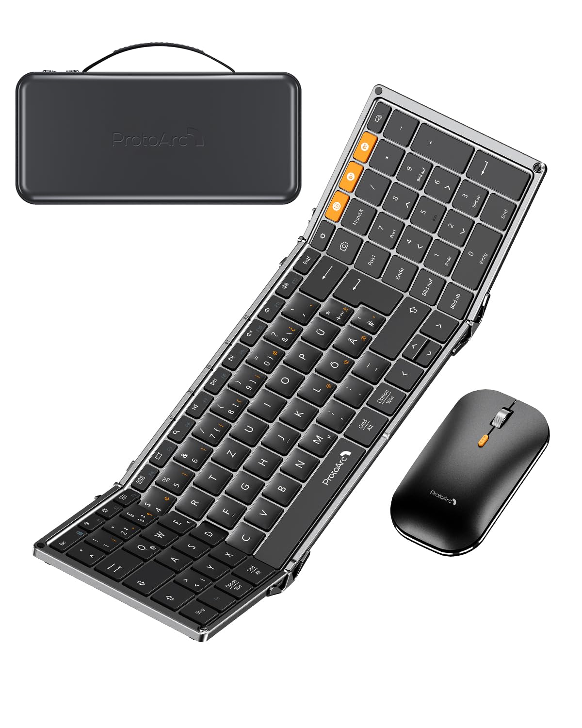 ProtoArc XKM01 - Set tastiera e mouse pieghevole, QWERTZ, 2,4 G + Dual Bluetooth | Full Size 105 Tasti con Blocco Numerico Ricaricabile con Custodia Rigida e Supporto per iPad/Tablet/Laptop/iPhone