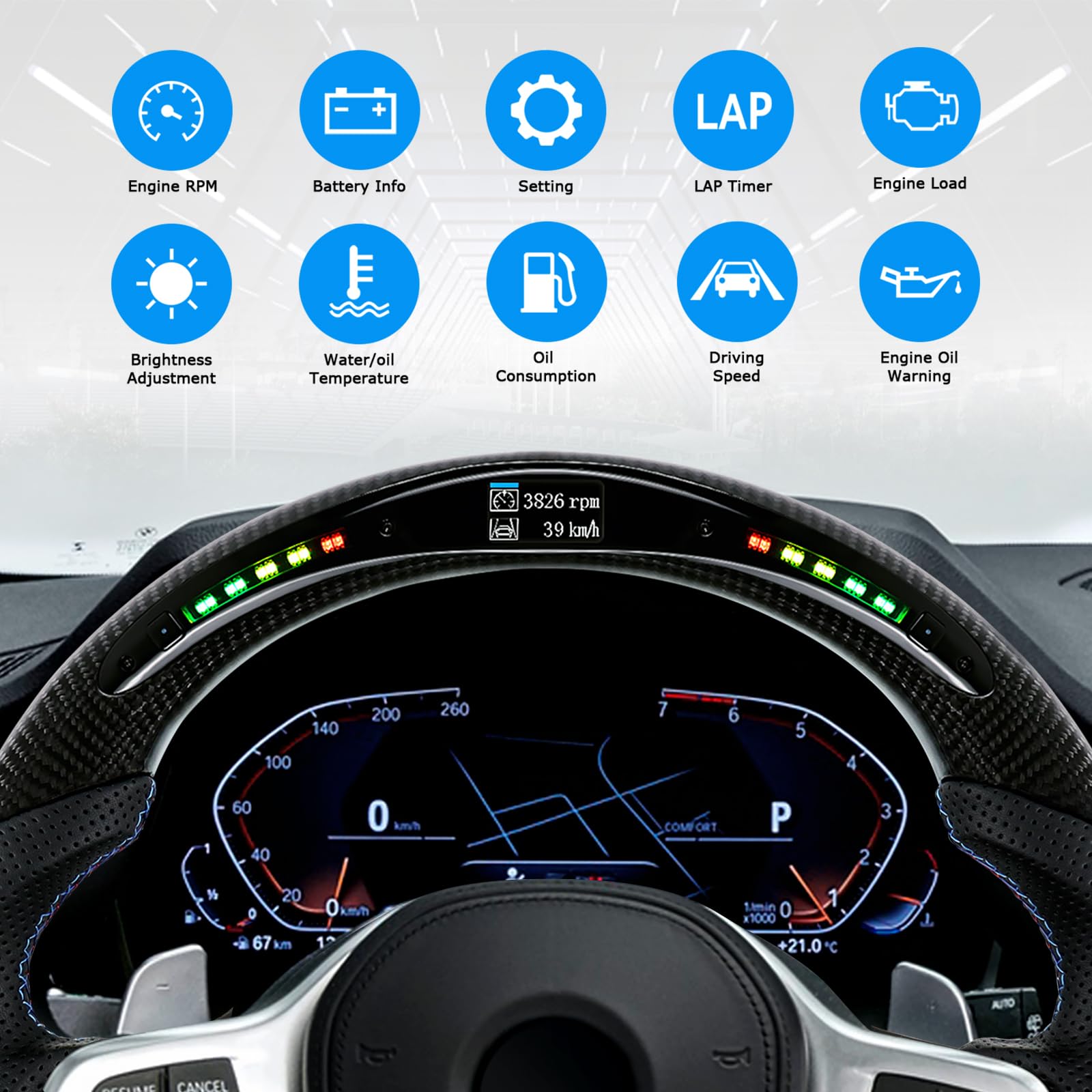 Carbonfaser-Lenkrad, Lederlenkrad mit runder Oberseite und flacher Unterseite LED-Schaltanzeige Lenkrad für BMW M Sport G20 (M3) F40 F44 G21 G28 G22 G29 F87 G80 F82 F83