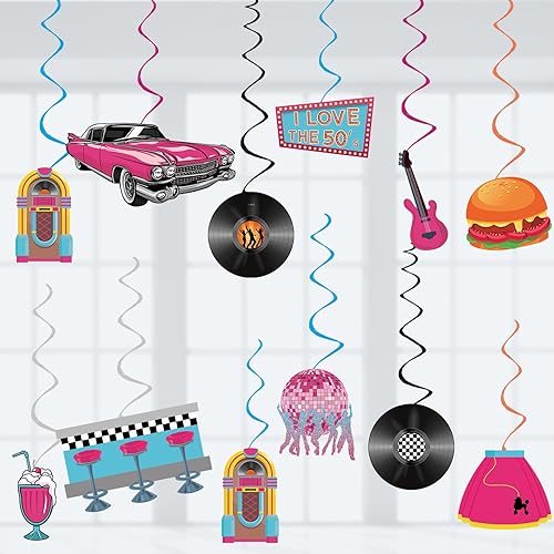 Miniatura 1 de Decoraciones para fiestas de los años 50, retro de los años 50, remolinos colgantes de música rock and roll, ensamblados y listos para usar,