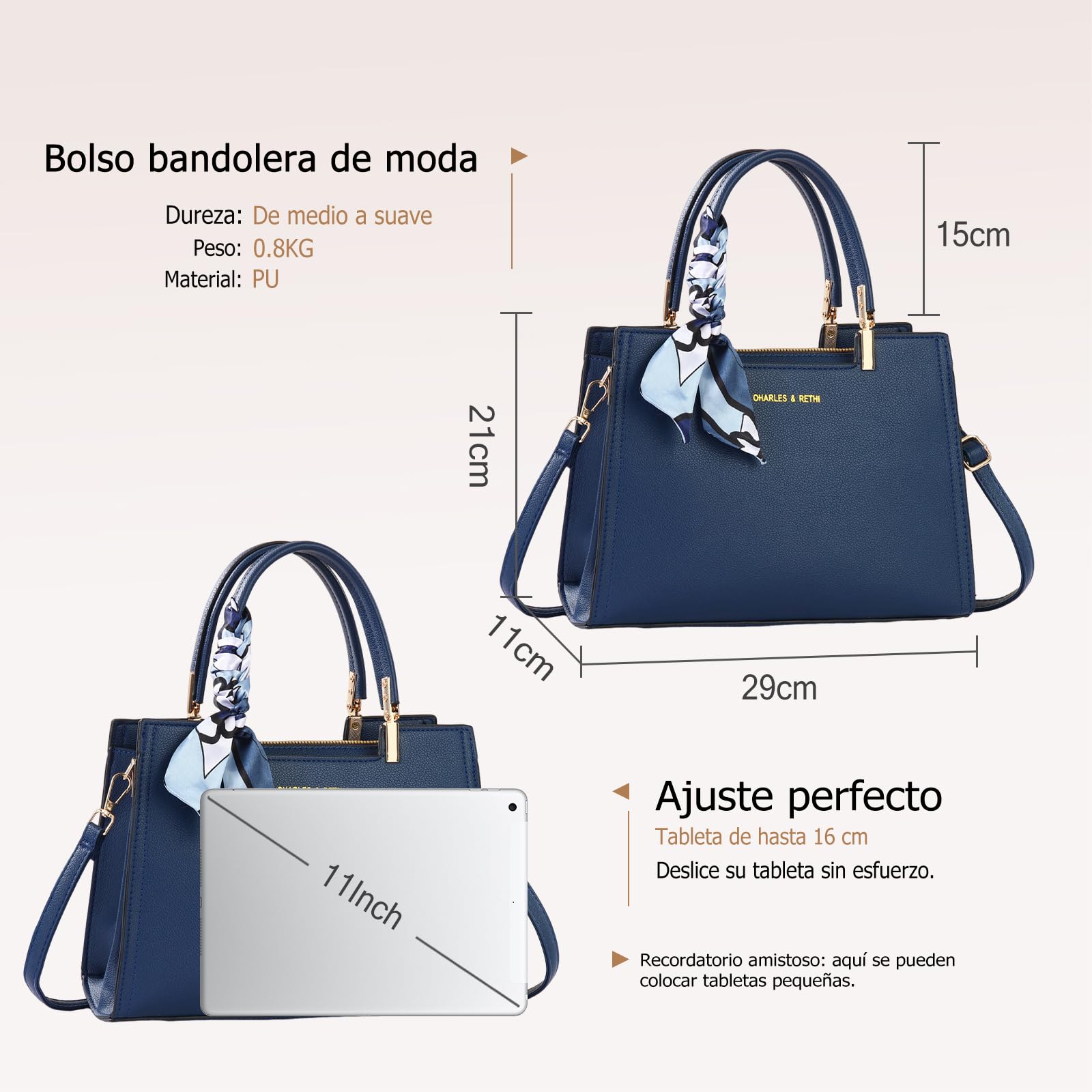 Elegante Bolso de Mano Mujer Bolso Bandolera de Cuero PU Bolsos de Hombro con Decoración de Paño de Seda Bolsos Cruzados con Múltiples Bolsillos Tote para Viajes Compras Trabajo Azul Zafiro