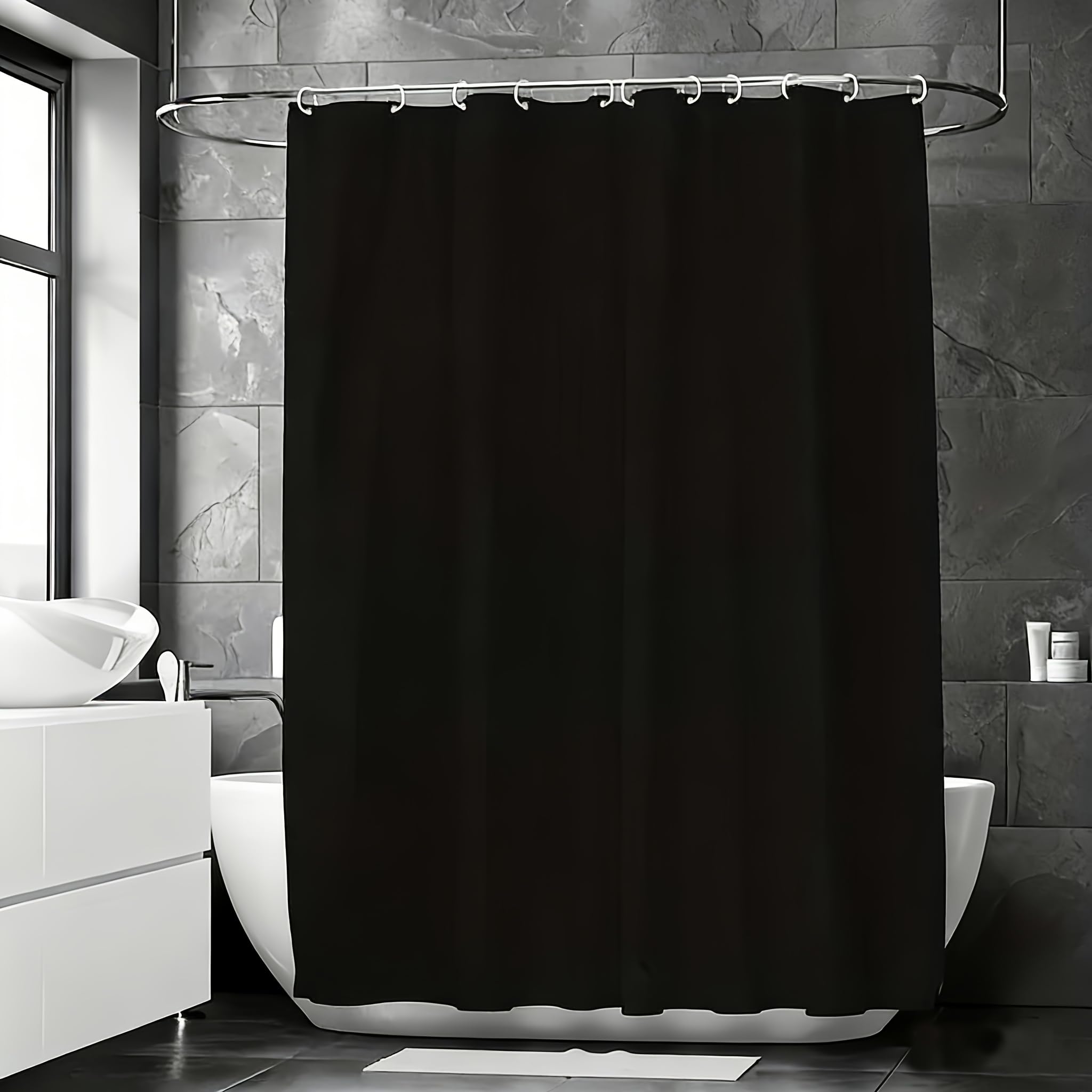 UIYIUI Black Fabric Shower Curtain Liner 49X79in/125x200cm/WxH Solid Color Modern Minimalist Waterproof Shower Curtain for Bathroom Partition Bathtub Hotel Decor with Hooks