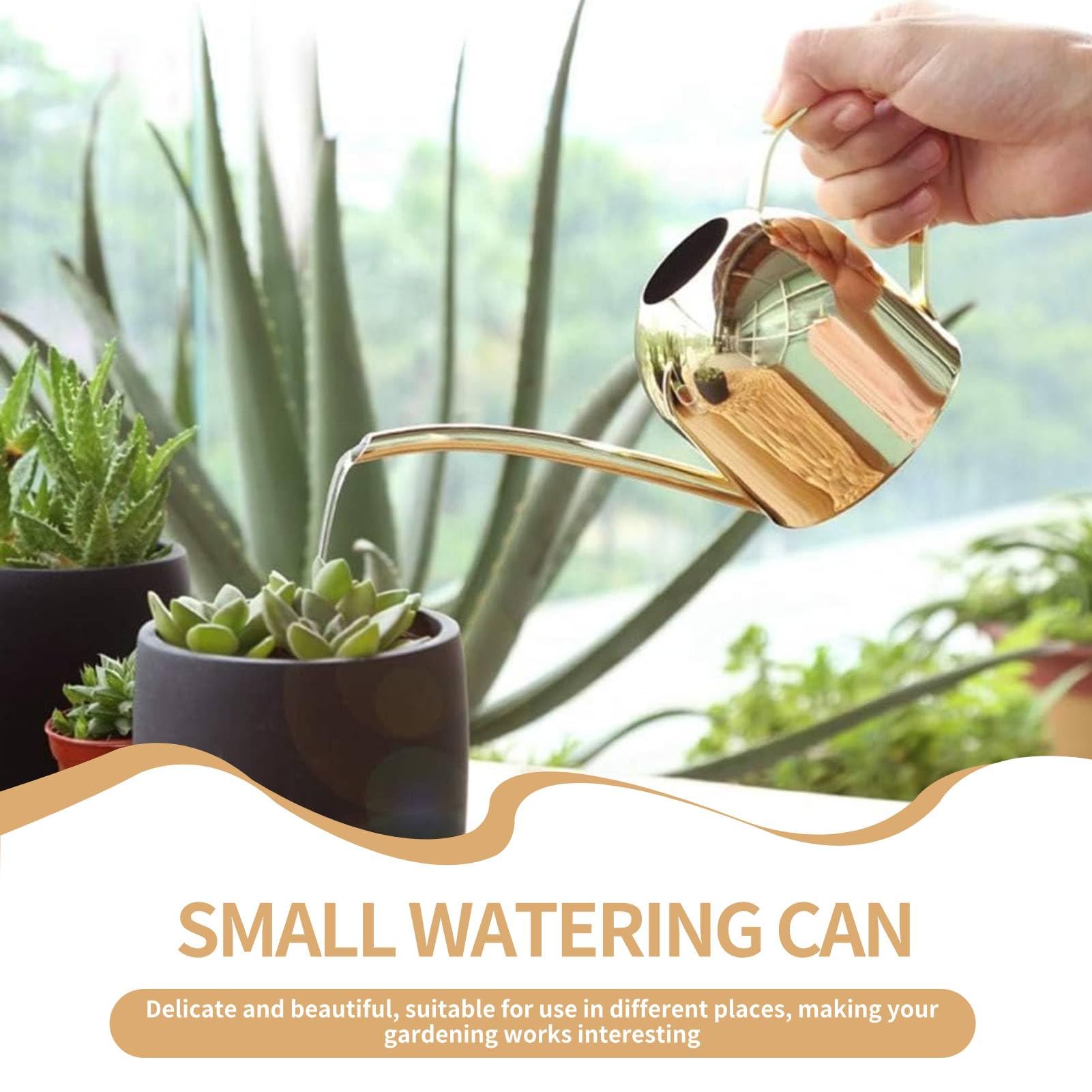 Watering Can for Indoor Plants, 17oz Small Watering Can Stainless Steel Long Spout Sprinkling Pot for Indoor and Outdoor Plants (Gold)