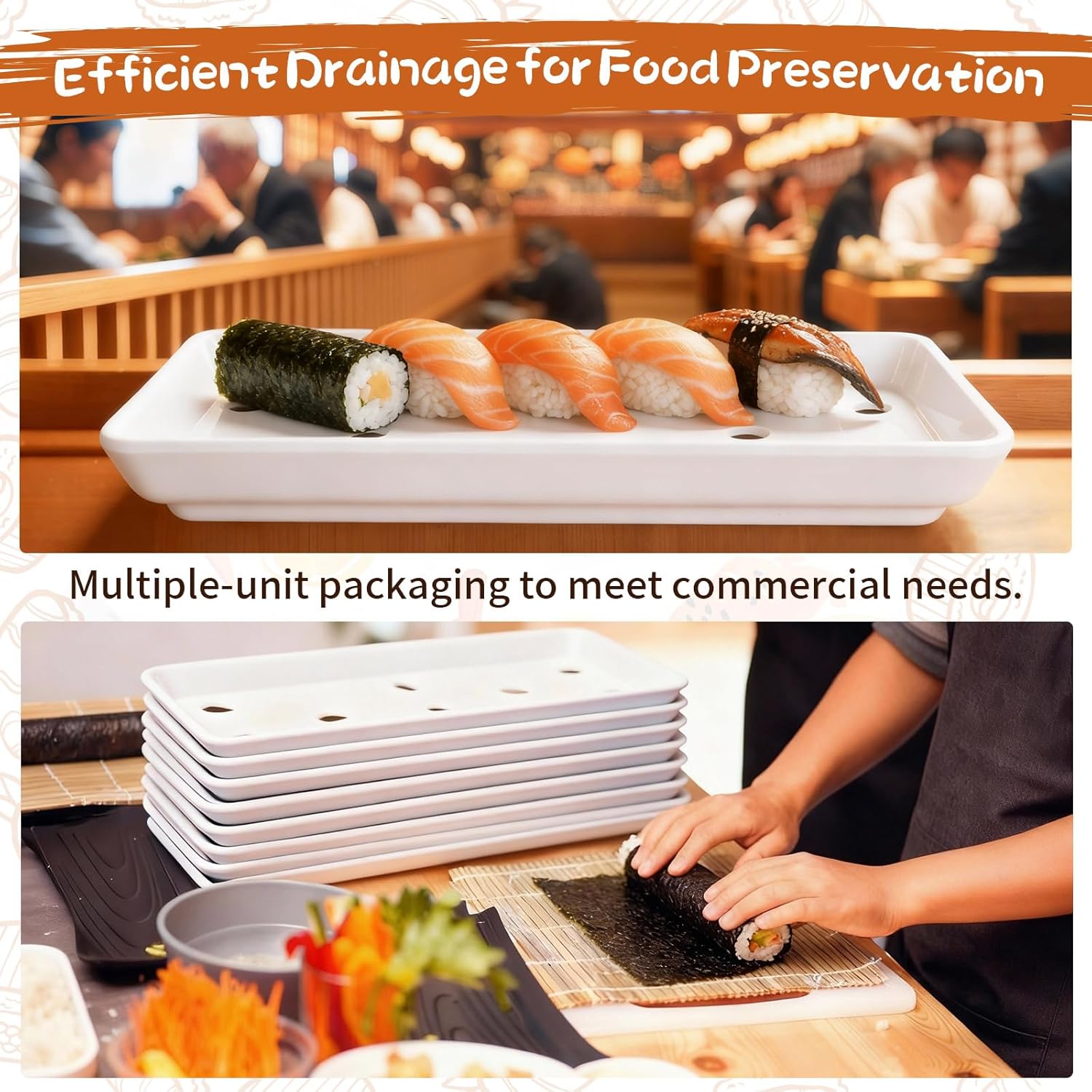 12 Pack Sushi Plates with Drip Holes Melamine Drain Sashimi Plate 8" x 3.75" Japanese Cuisine Chef Display Serving Tray for Sushi Case Raw Food Preparation Storage Restaurant Supply (White)