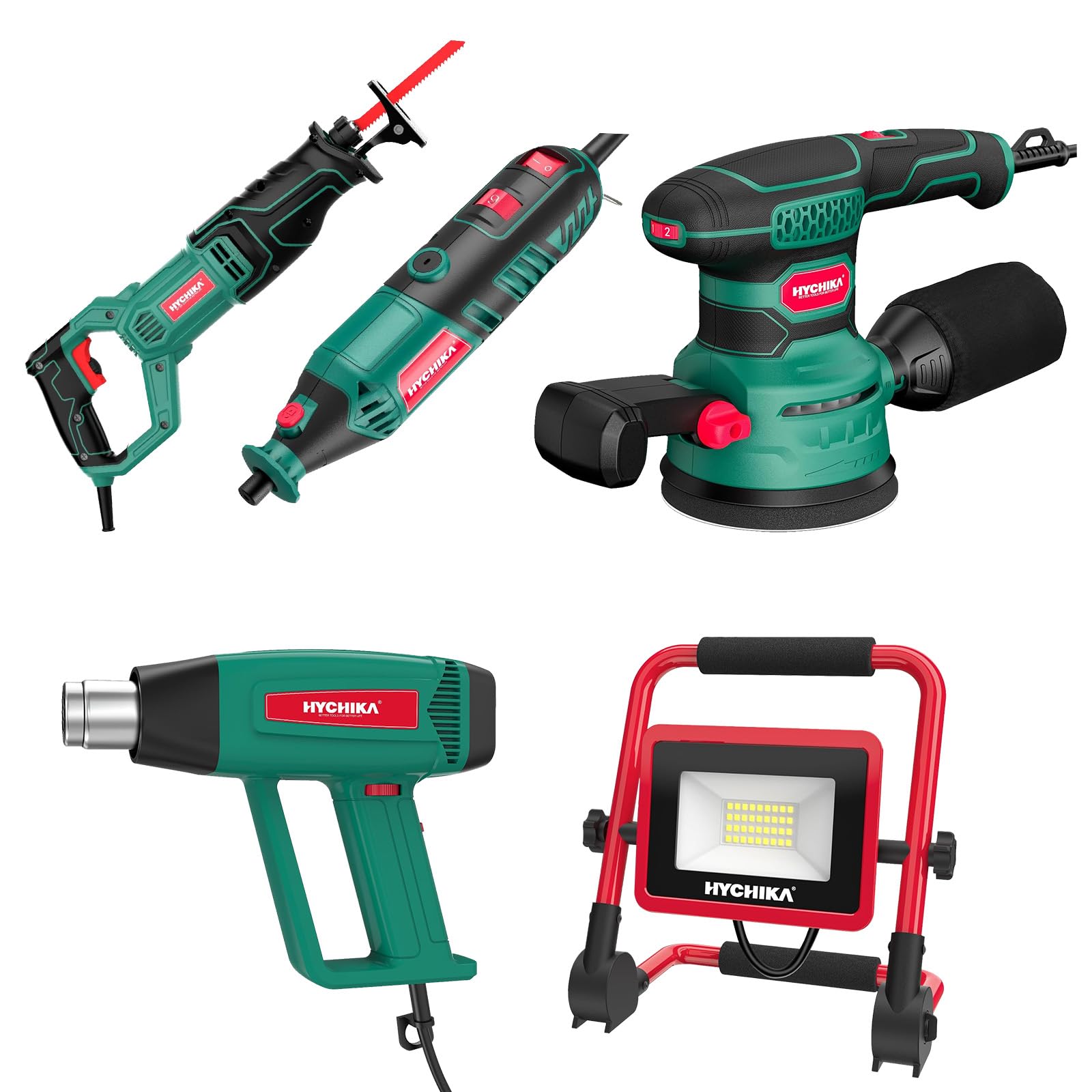 HYCHIKA Heat Gun,Orbital Sander 3.8Amp 450W,Reciprocating Saw,180W Rotary Tool,30W LED Work Light,5-Tool Power Tool Set Combo Kit