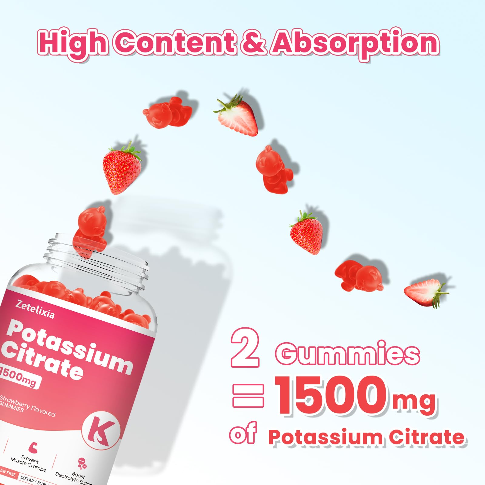 Potassium Gummies for Adults Women & Men, Potassium Citrate Supplement, Support Leg Cramps, Muscle Health & Electrolyte Balance, Sugar Free, Organic, Vegan, Strawberry, 60 Cts — Amazon image 3