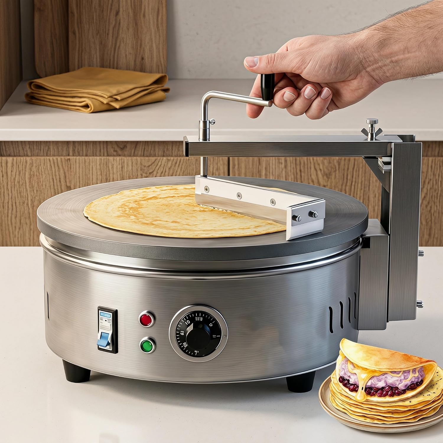 Piastra elettrica professionale per crêpes e pancake da 220 V, con piastra antiaderente in acciaio inox da 40 cm, temperatura regolabile e 7 accessori, ideale per snack bar, casa e ristoranti.