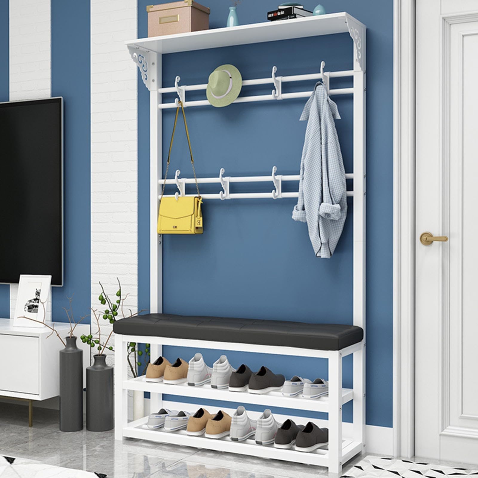 MYUYEE Shoe Rack With Wardrobe, Freestanding Wardrobe With Shoe Rack 2 Shelves, 5 In 1 Coat Rack With 8 Hooks, For Hallway, Living Room, Dressing Room A, 100Cm(E-100Cm)