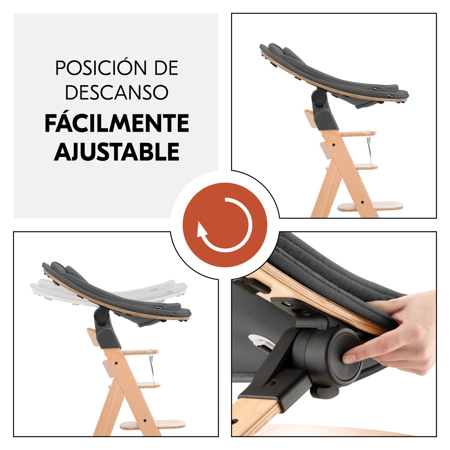 hauck Highchair Bouncer Eco Hamaca para Bebé, Deep Grey | Estructura de madera, superficie ergonómica y ajustable desde el nacimiento, con adaptador para tronas Alpha+ y Beta+
