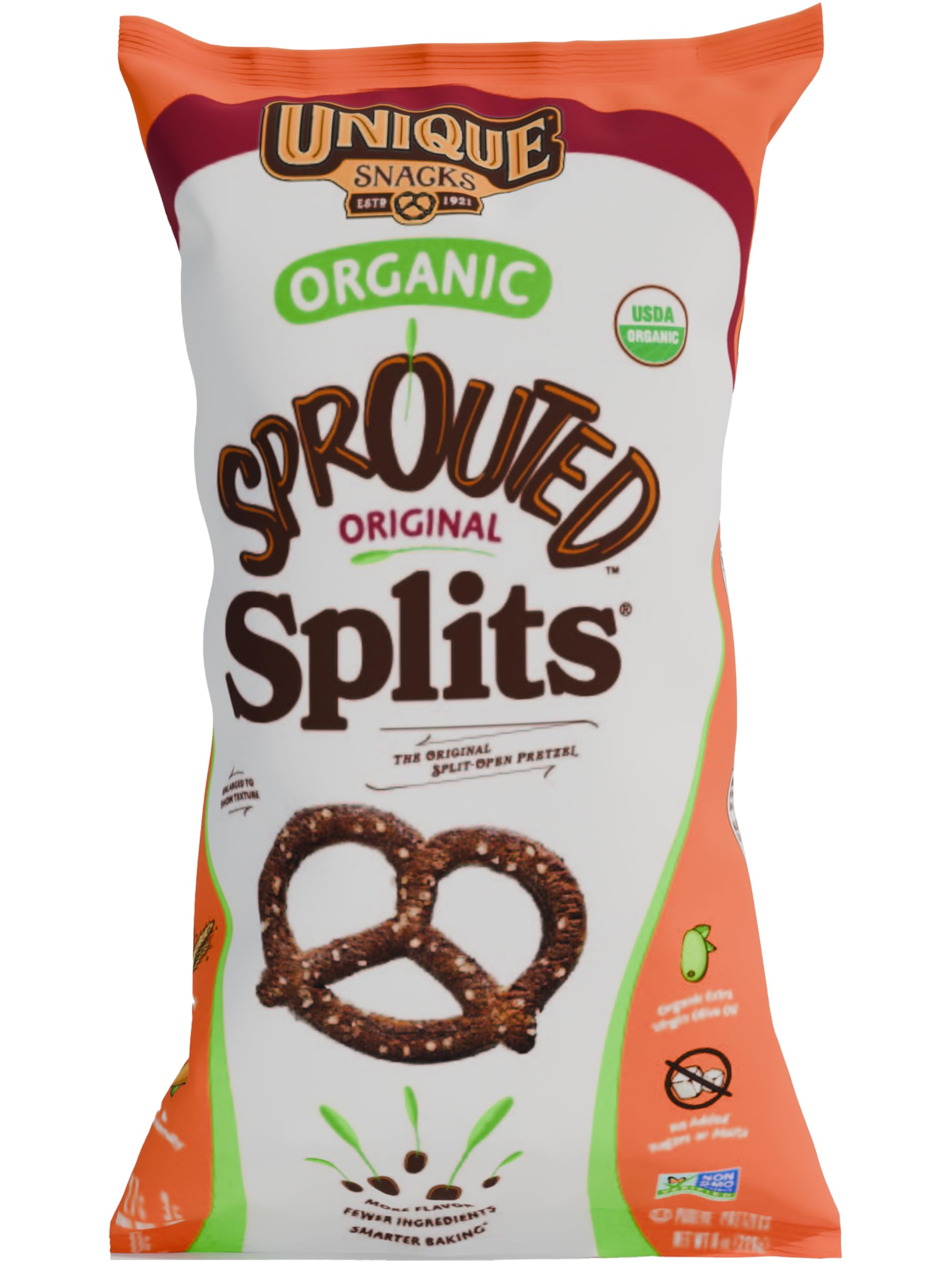 Unique Snacks Sprouted Splits Pretzels, Sprouted Pretzels, Delicious Homestyle Baked Snack Bag, OU Kosher, and Non-GMO Food, No Artificial Flavor, 8 Oz. Bag, Pack of 3