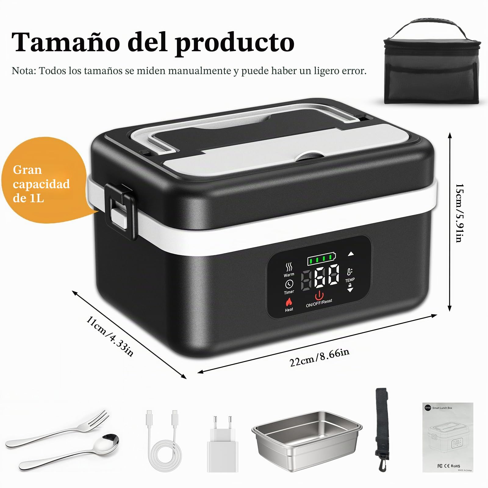 Fiambrera Eléctrica, Recargable Taper Electrico Para Comida de 16 000 mAh, Calentador de Alimentos portátil de 1 l con Calentamiento Automático para Oficina, Picnic, Coche y Uso al Aire Libre