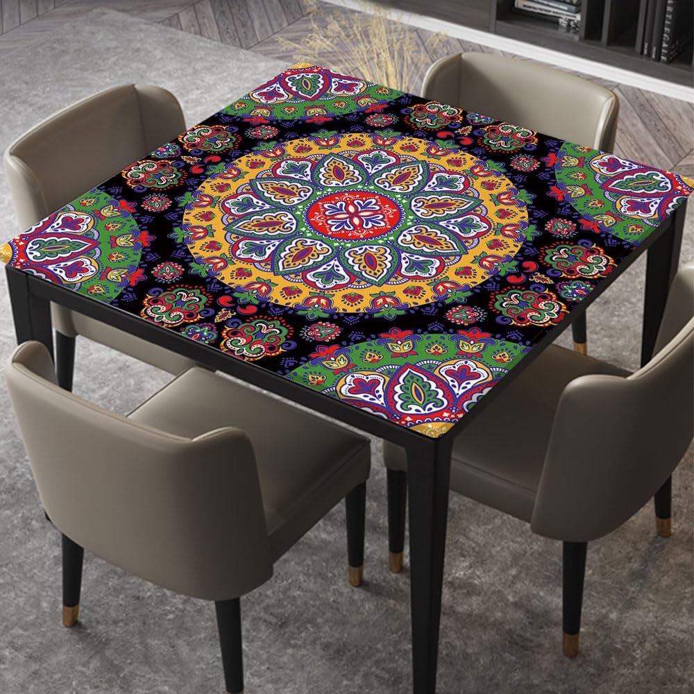 Bohemian Mandala Print Vintage Background Elastic Edged Tablecloth Fitted Square Table Covers Waterproof for Party Picnic Decor, Fitted for 60"x60" Square Table, Style 493