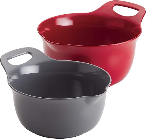 Rachael Ray Tools and Gadgets Nesting/Stackable Mixing Bowl Set with Pour Spouts and Handle - 2 and 3 Quarts, Red and Gray