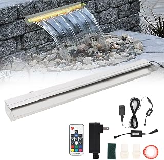 23.6"*4.7"*3.2" Stainless Steel Waterfall Feature for Pools, LED Lighted Fountain, Rectangular Spillway for Outdoor Areas, Robust LED Pool Accessory with Remote Control