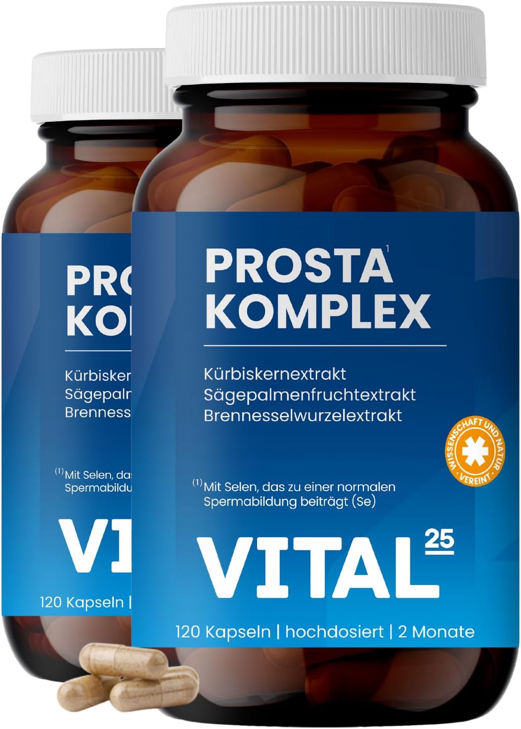 Prosta Complex Capsules in Brown Glass – High Dose with Saw Palmetto Extract, Nettle, Pumpkin Seed, OPC, Lycopene, Vitamin E, Zinc, Selenium – Vegan – 240 Capsules for 4 Months Vital25