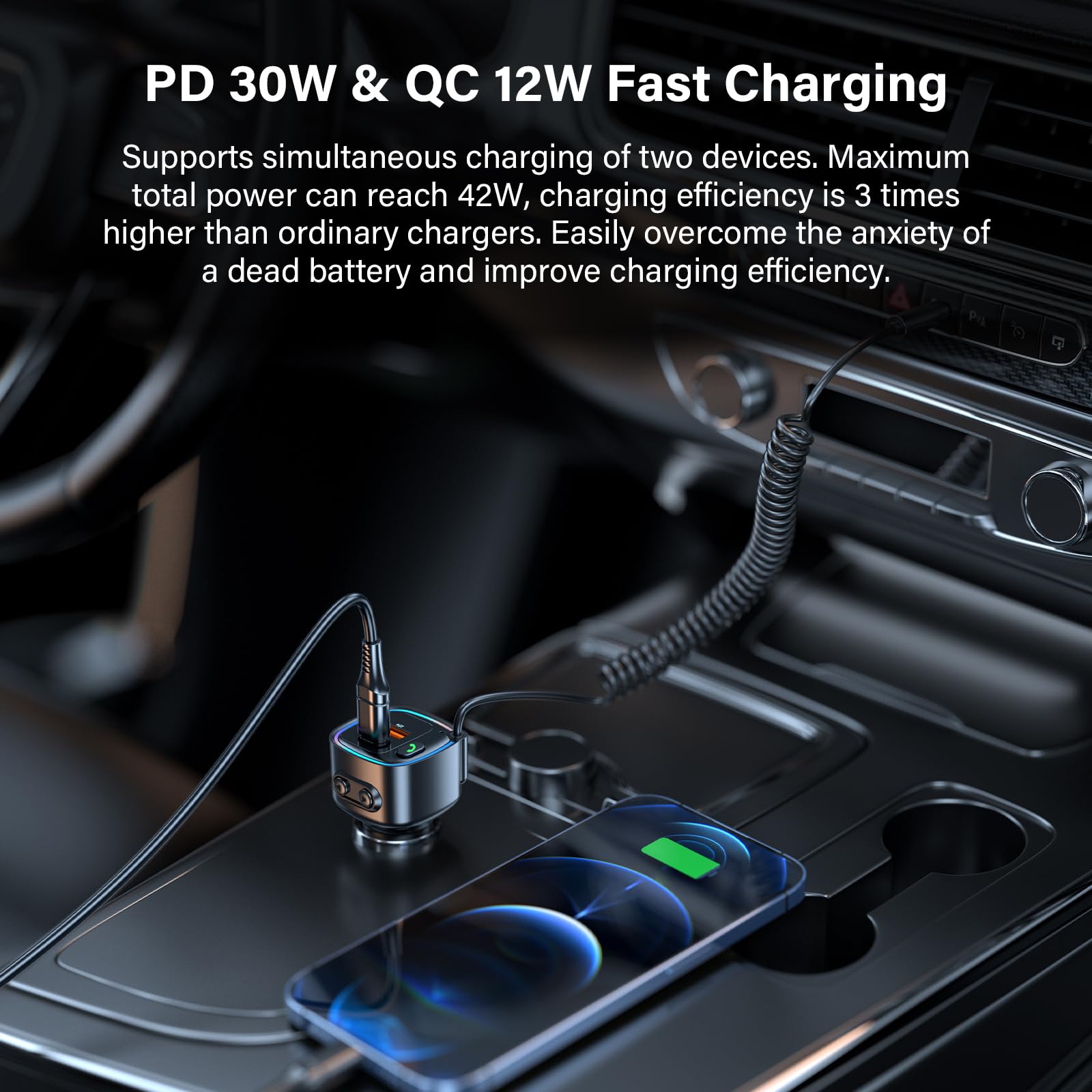 Aux Bluetooth 5.4 Auto Ricevitore Bluetooth per Auto con Jack AUX da 3,5 mm Ricarica Rapida 42W (PD 30W & QC 12W) Supporta Chiamate in Vivavoce Musica Hi-Fi RGB Compatibilità U-Luce