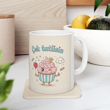 Sevimli Cupcake Temal  Porselen Kupa Bardak,  ok Tatl s n Yaz l , Sevgiliye Hediye, Beyaz Dekoratif Kahve Kupas