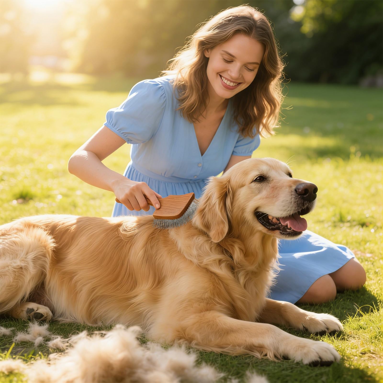 Cepillo Perro Pelo Largo con Mango de Madera Curvo, Cepillo y Peine para Quitar Nudos y Subpelo, Para Perros y Gatos de Pelo Medio/Largo como Golden Retriever, Pastor Alemán, Persa