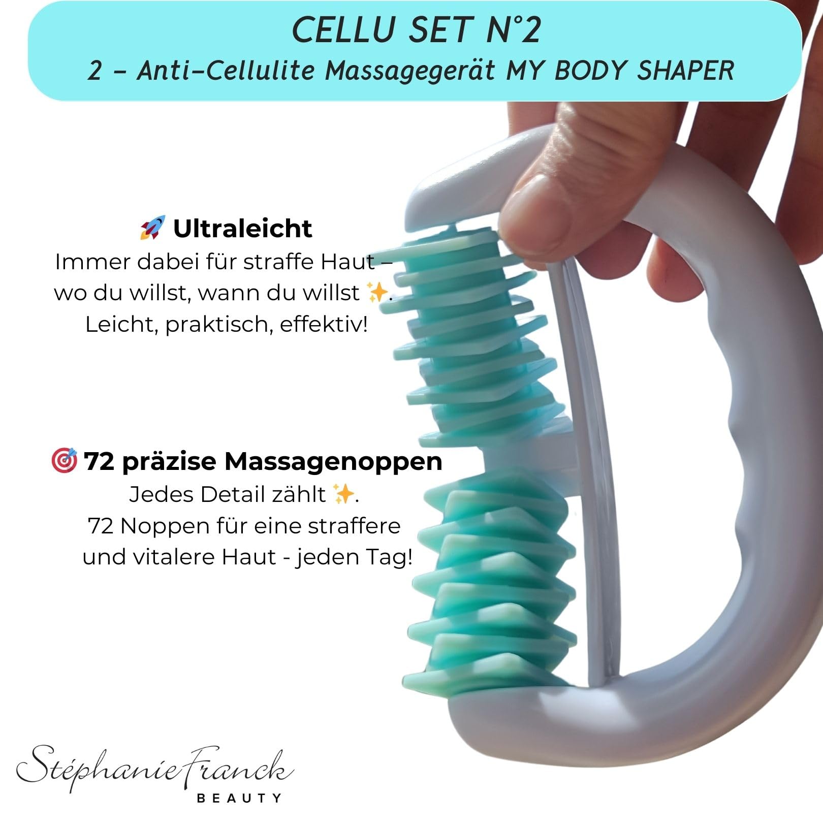 Cellulite Massage Set N°2 - enthält 1 My Body Shaper Massageroller, 2 My Cellu Shaper Silikon Cups (5,5 cm), und 1 Yoga Band - Für straffe Haut (Türkis)