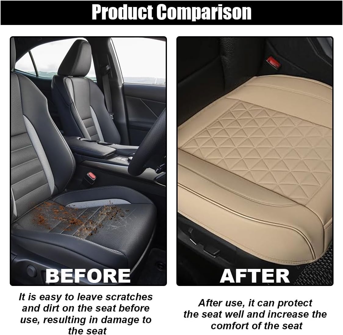 GLSOWEE Leather Car Seat Cover, Auto Front Bottom Seat Cover Luxury Car Seat Protector Anti-Slip Waterproof Cushion Cover with Storage Pocket, for Most Cars, Trucks, SUVs (Beige)